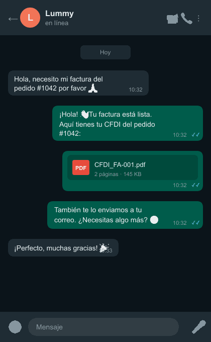 Factura CFDI enviada automáticamente por WhatsApp al cliente